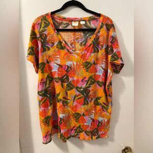 C&C California Vividly Colored Tropical Print 100% Linen Beachy Top size 1X